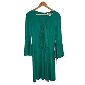 Vicky Tiel Womens Dress Medium Green Bell Sleeve Midi Liquid Knit Babydoll